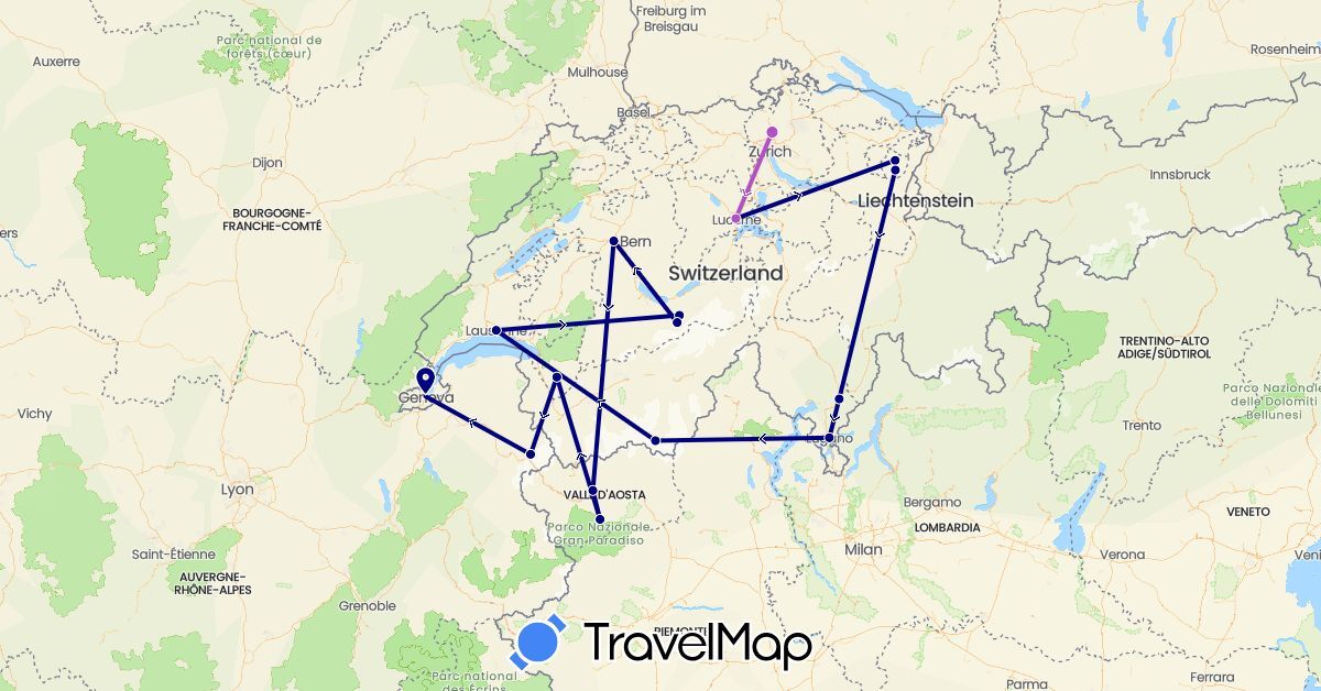TravelMap itinerary: driving, train in Switzerland, France, Italy (Europe)